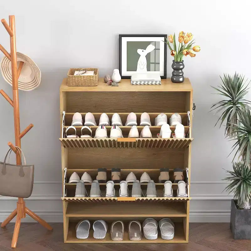 Slim Shoe Cabinet with 2 Flip Drawers & Side Hooks, Freestanding Narrow Shoe Rack Organizer for Entryway, Hallway