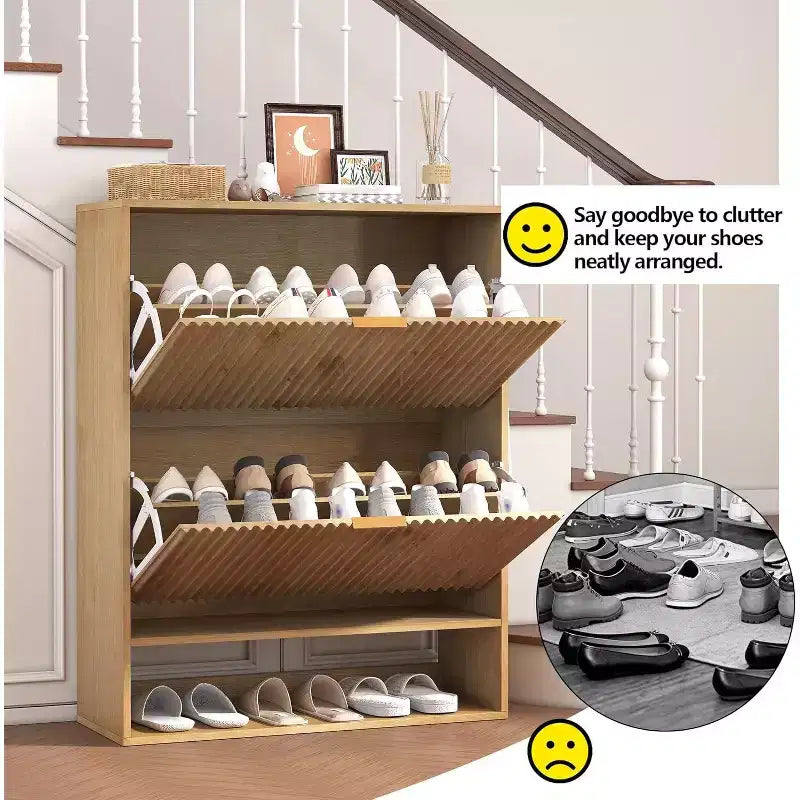 Slim Shoe Cabinet with 2 Flip Drawers & Side Hooks, Freestanding Narrow Shoe Rack Organizer for Entryway, Hallway