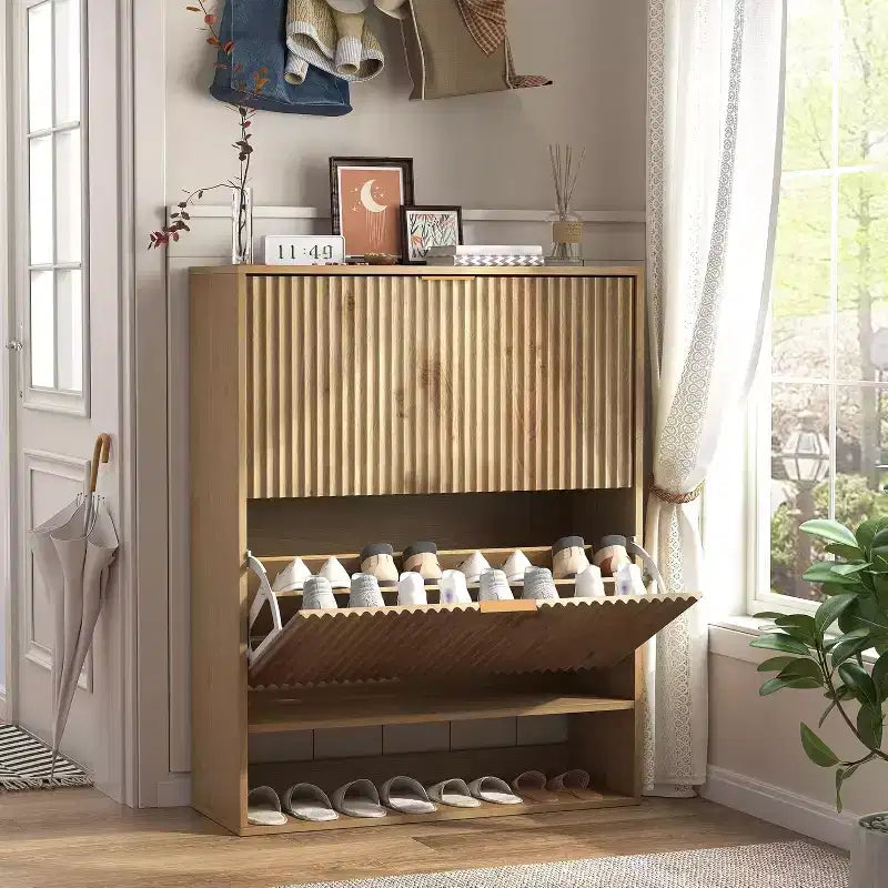 Slim Shoe Cabinet with 2 Flip Drawers & Side Hooks, Freestanding Narrow Shoe Rack Organizer for Entryway, Hallway