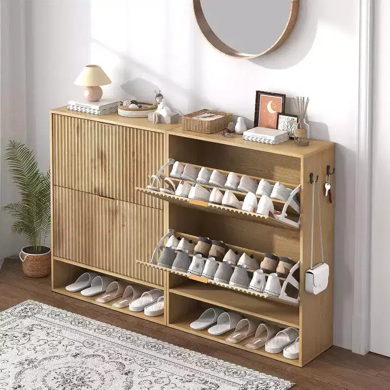 Slim Shoe Cabinet with 2 Flip Drawers & Side Hooks, Freestanding Narrow Shoe Rack Organizer for Entryway, Hallway