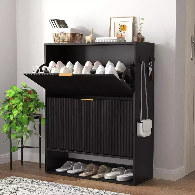 Slim Shoe Cabinet with 2 Flip Drawers & Side Hooks, Freestanding Narrow Shoe Rack Organizer for Entryway, Hallway