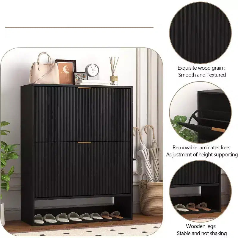 Slim Shoe Cabinet with 2 Flip Drawers & Side Hooks, Freestanding Narrow Shoe Rack Organizer for Entryway, Hallway