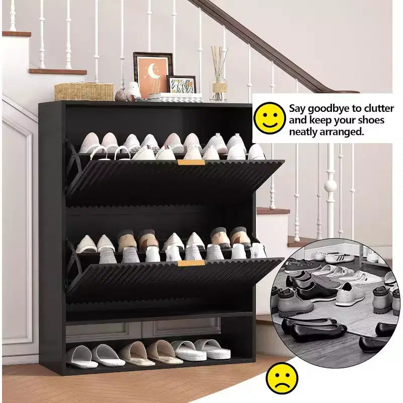Slim Shoe Cabinet with 2 Flip Drawers & Side Hooks, Freestanding Narrow Shoe Rack Organizer for Entryway, Hallway
