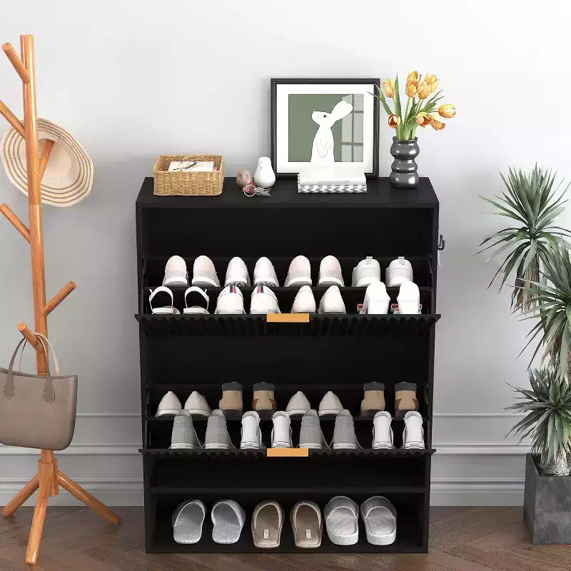 Slim Shoe Cabinet with 2 Flip Drawers & Side Hooks, Freestanding Narrow Shoe Rack Organizer for Entryway, Hallway