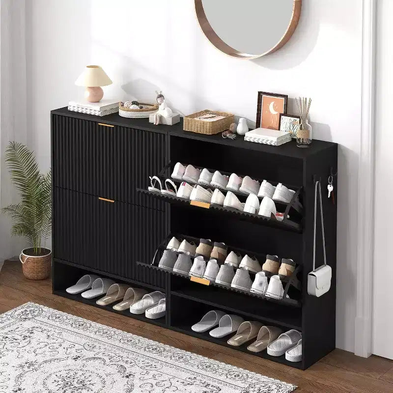 Slim Shoe Cabinet with 2 Flip Drawers & Side Hooks, Freestanding Narrow Shoe Rack Organizer for Entryway, Hallway