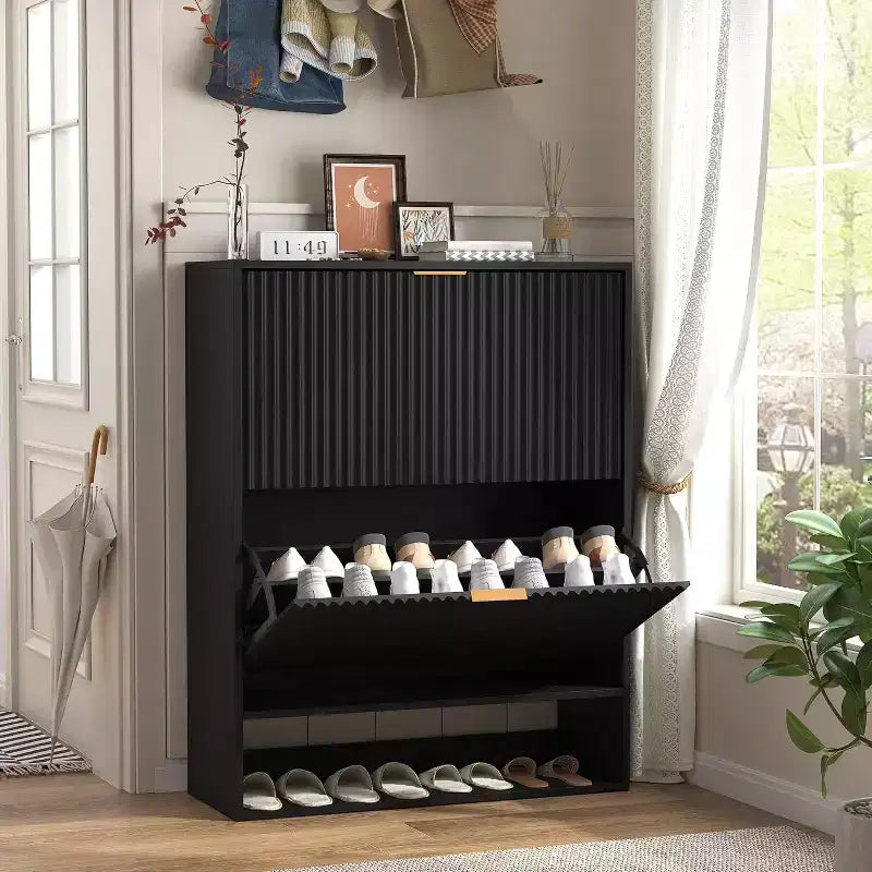 Slim Shoe Cabinet with 2 Flip Drawers & Side Hooks, Freestanding Narrow Shoe Rack Organizer for Entryway, Hallway