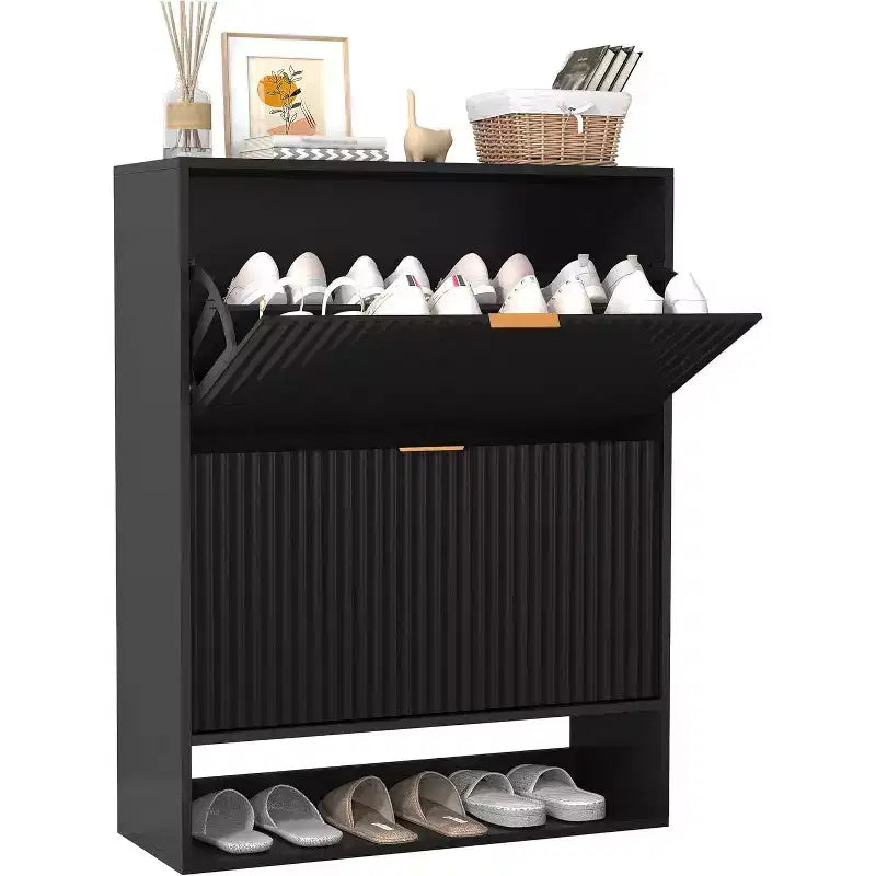 Slim Shoe Cabinet with 2 Flip Drawers & Side Hooks, Freestanding Narrow Shoe Rack Organizer for Entryway, Hallway