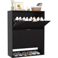 Slim Shoe Cabinet with 2 Flip Drawers & Side Hooks, Freestanding Narrow Shoe Rack Organizer for Entryway, Hallway