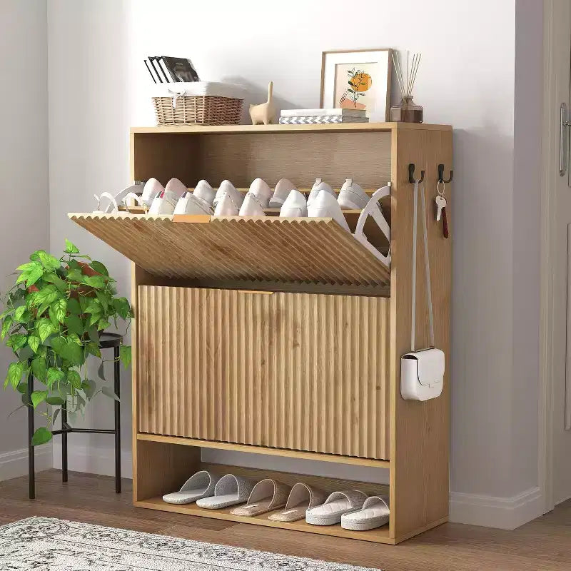 Slim Shoe Cabinet with 2 Flip Drawers & Side Hooks, Freestanding Narrow Shoe Rack Organizer for Entryway, Hallway