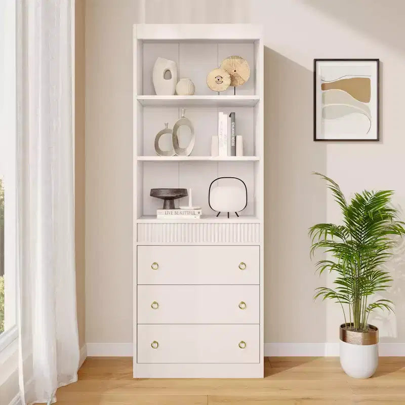Fluted Bookshelf with Drawers, 6-Tier Wood Bookcase with Waved Design and Storage Shelves for Living Room, Office or Bedroom, 70.8 Tall