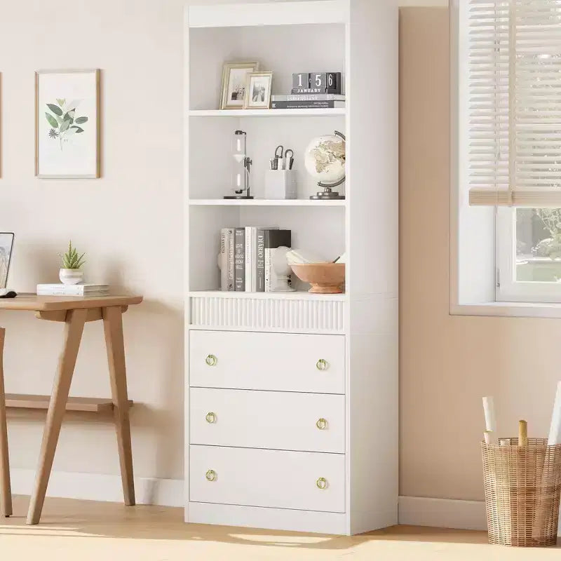 Fluted Bookshelf with Drawers, 6-Tier Wood Bookcase with Waved Design and Storage Shelves for Living Room, Office or Bedroom, 70.8 Tall