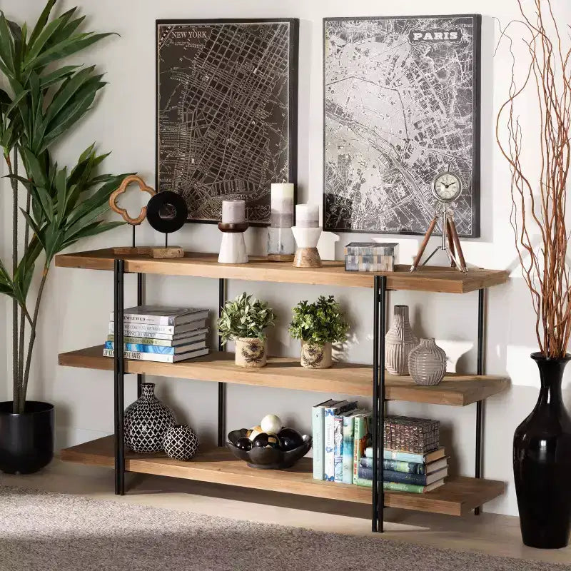 Tarah Wood Console Table Brown/Black - Baxton Studio: Modern Sofa Table, 3-Tier Display, Metal Frame