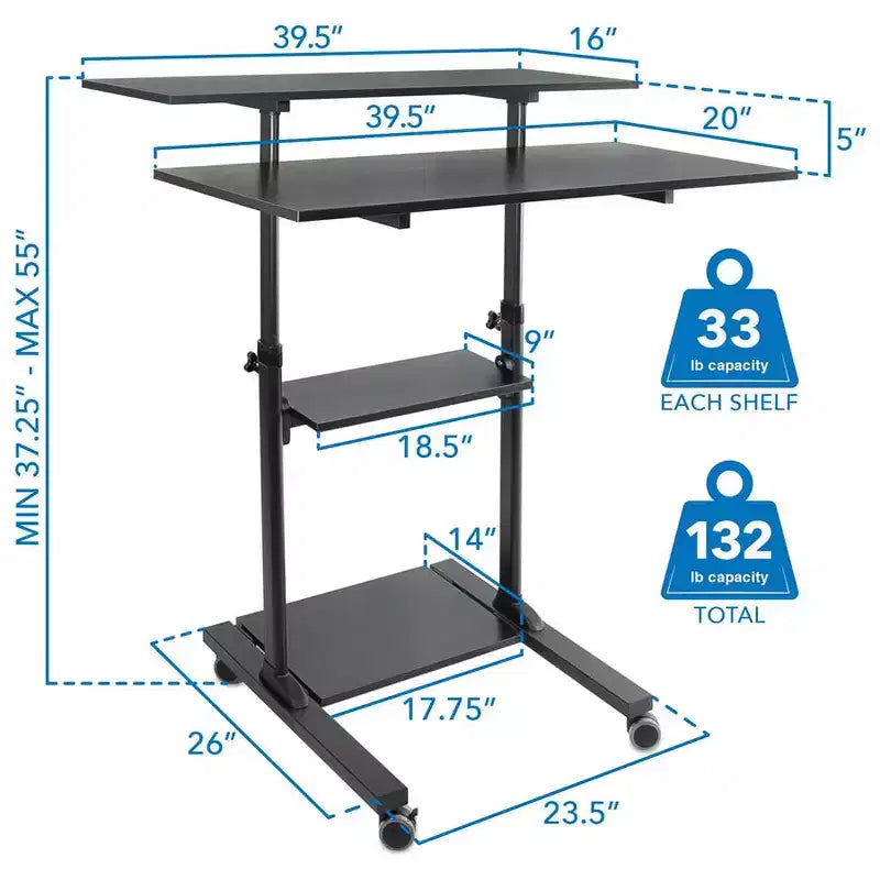 Mount-It! Wide Mobile Stand Up Desk | Height Adjustable Rolling Workstation with 40 Wide Table Tops | Multi-Purpose Rolling Presentation Cart - Black