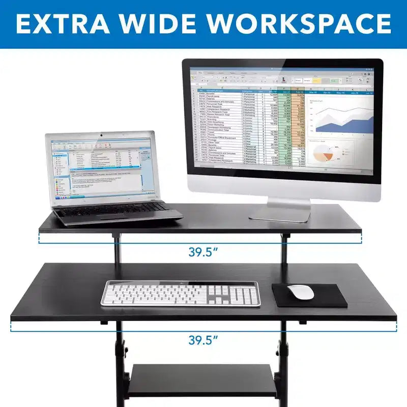Mount-It! Wide Mobile Stand Up Desk | Height Adjustable Rolling Workstation with 40 Wide Table Tops | Multi-Purpose Rolling Presentation Cart - Black